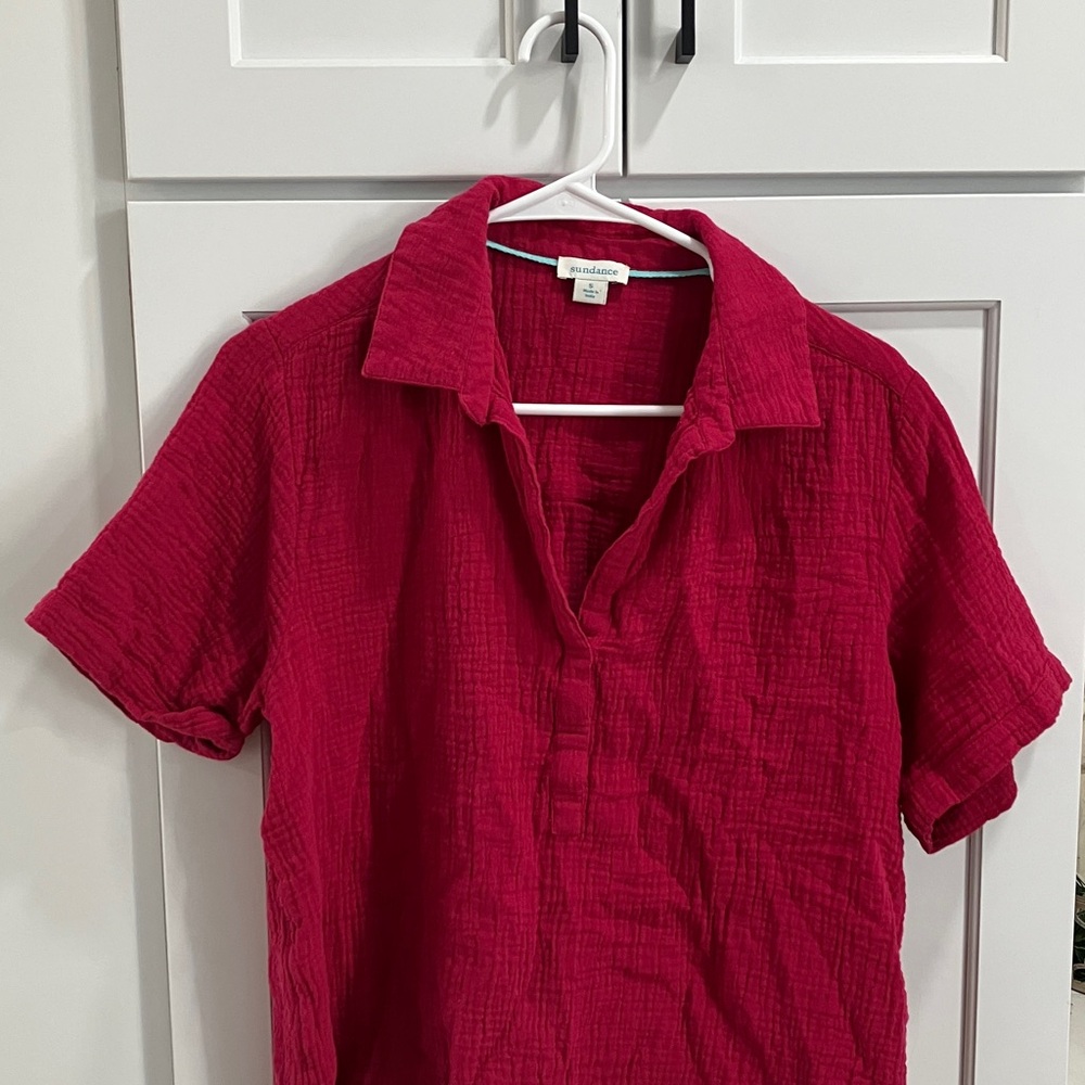 Sundance Women's Pink 100% Cotton Short Sleeve V Neck Cropped Shirt Top - Picture 3 of 11